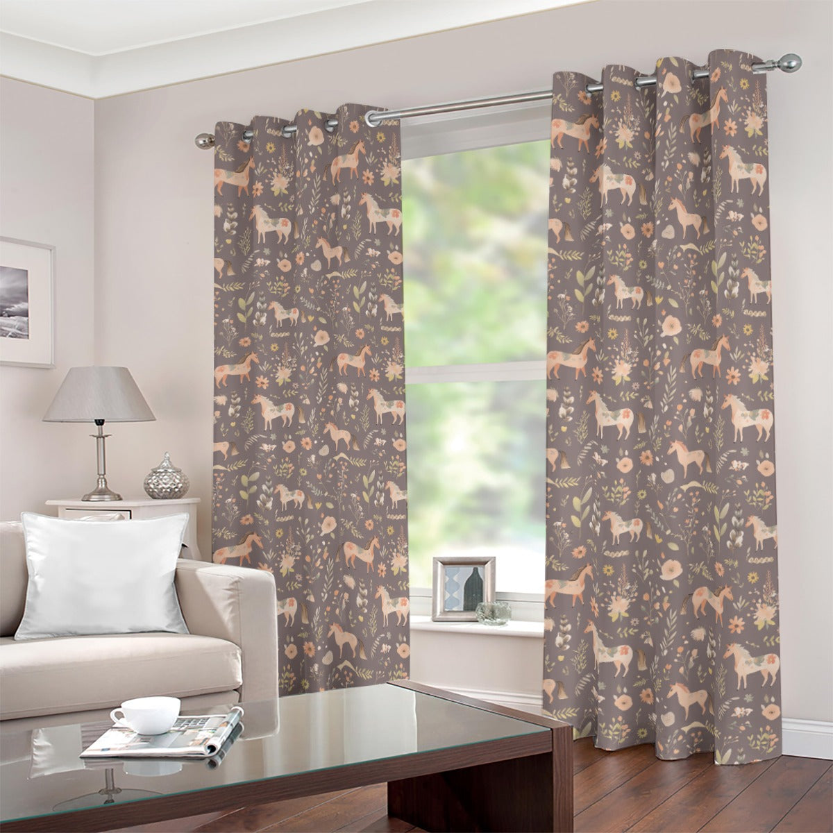 Floral Horses Blackout Curtains (Brown)