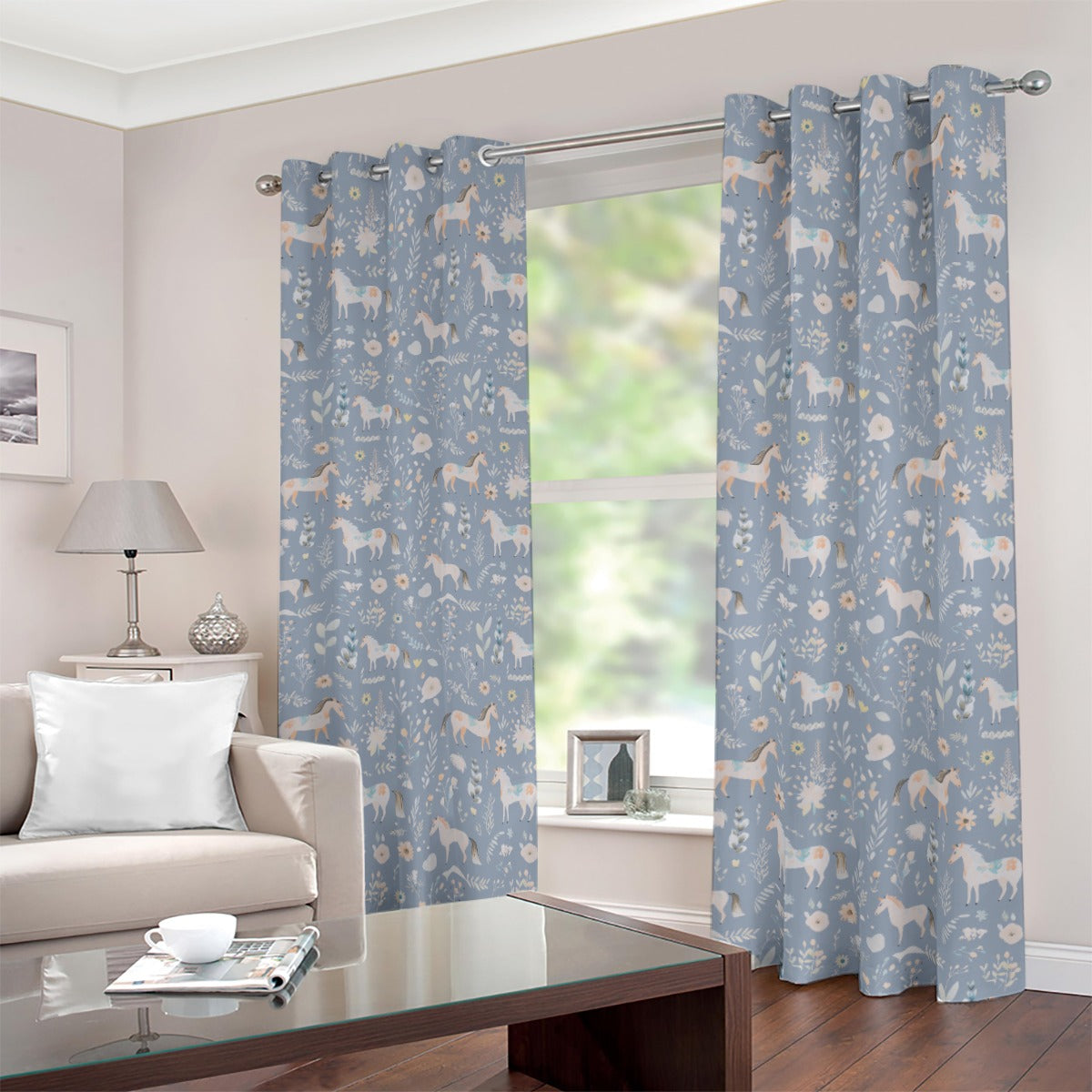 Floral Horses Blackout Curtains (Blue)