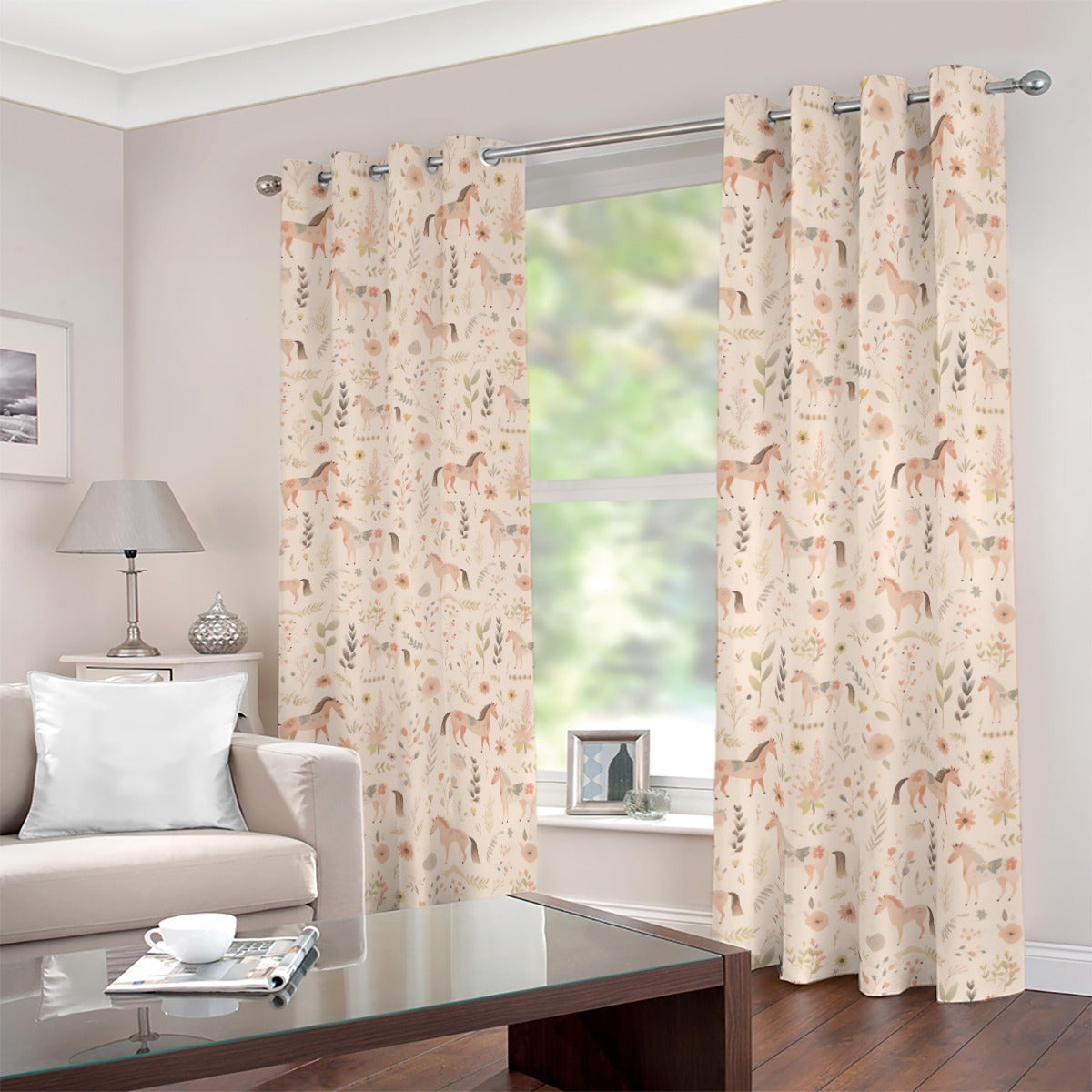 Floral Horses Blackout Curtains (Beige)