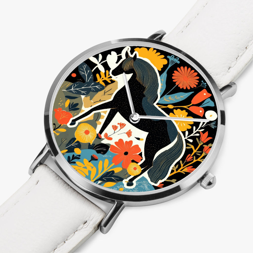 Stylish timepiece showcasing horse-themed dial graphic with leather strap