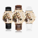 Stylish timepiece showcasing horse-themed dial graphic with leather strap