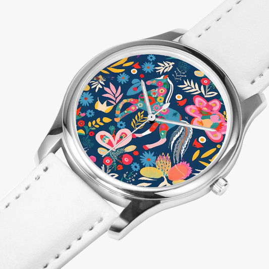 Horse and floral graphic design stainless steel wristwatch with sleek modern design