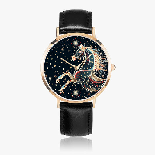 Stylish timepiece showcasing horse-themed dial graphic with leather strap