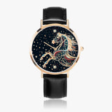 Stylish timepiece showcasing horse-themed dial graphic with leather strap
