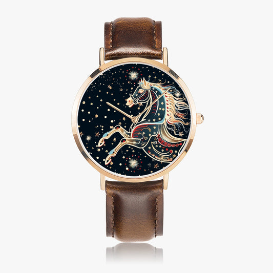Stylish timepiece showcasing horse-themed dial graphic with leather strap