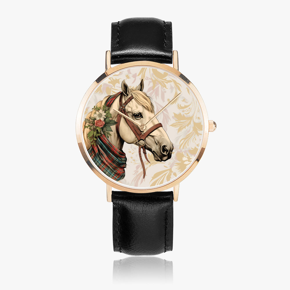 Stylish timepiece showcasing horse-themed dial graphic with leather strap
