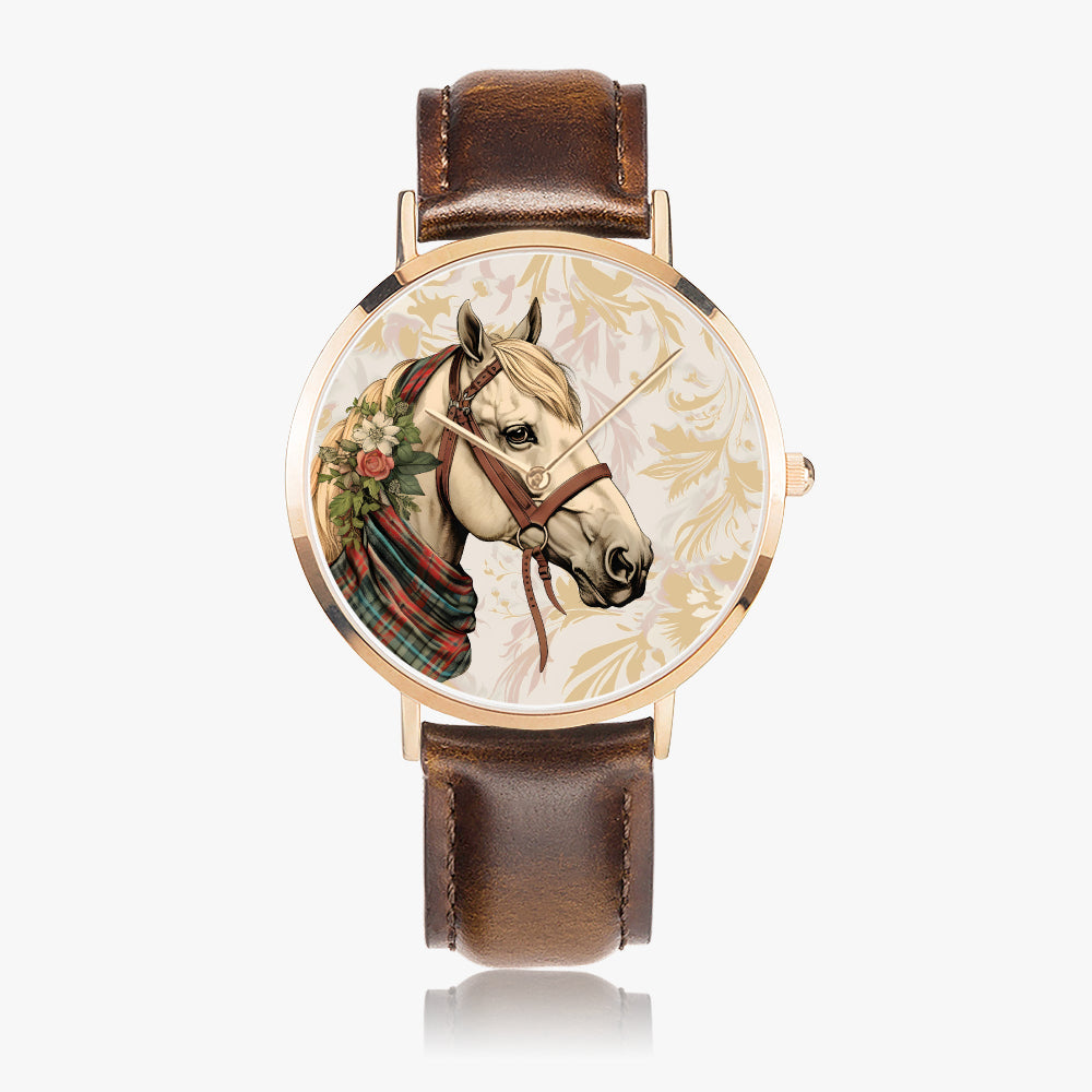 Stylish timepiece showcasing horse-themed dial graphic with leather strap