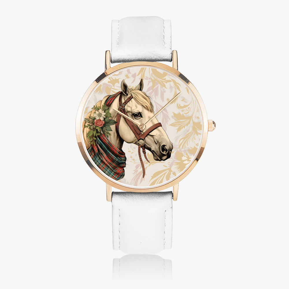 Stylish timepiece showcasing horse-themed dial graphic with leather strap