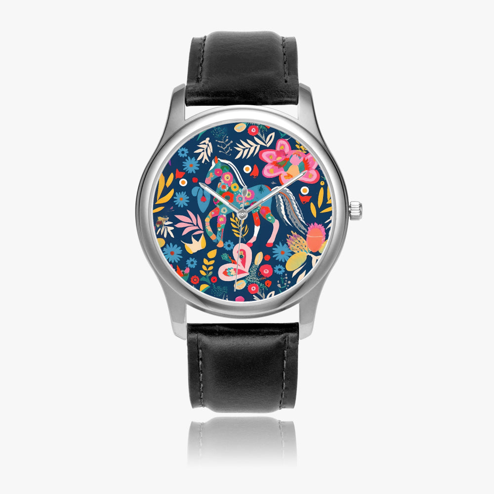 Horse and floral graphic design stainless steel wristwatch with sleek modern design