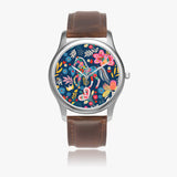 Horse and floral graphic design stainless steel wristwatch with sleek modern design
