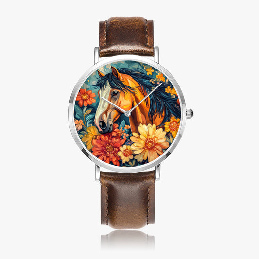 Stylish timepiece showcasing horse-themed dial graphic with leather strap