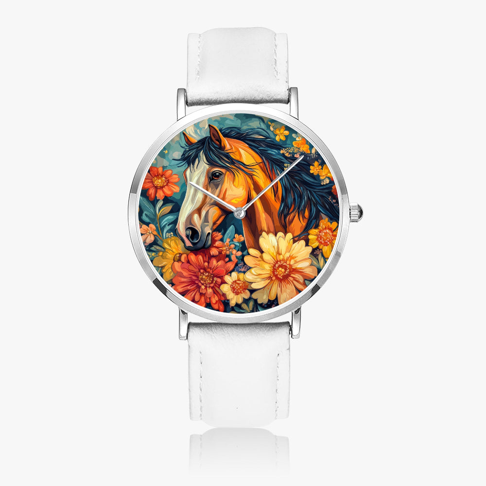 Stylish timepiece showcasing horse-themed dial graphic with leather strap
