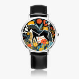 Stylish timepiece showcasing horse-themed dial graphic with leather strap