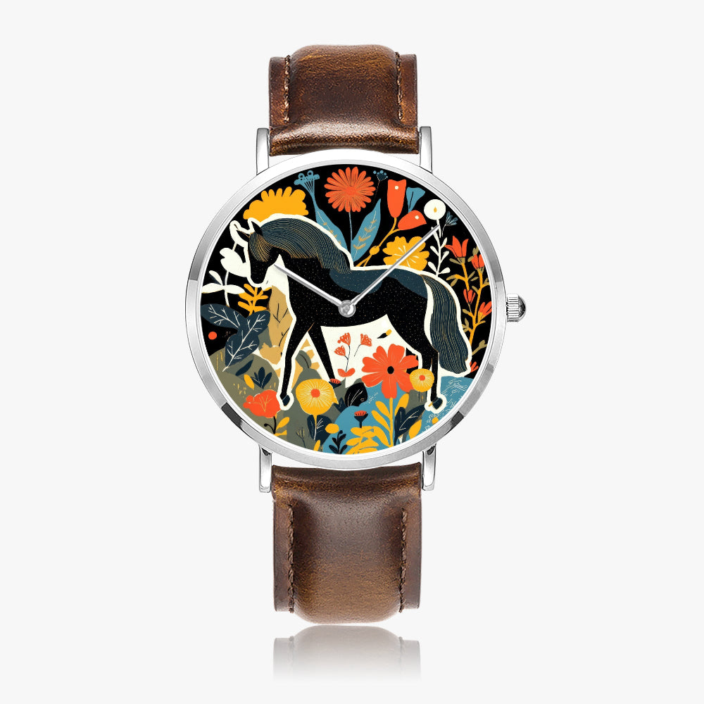 Stylish timepiece showcasing horse-themed dial graphic with leather strap