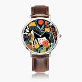 Stylish timepiece showcasing horse-themed dial graphic with leather strap