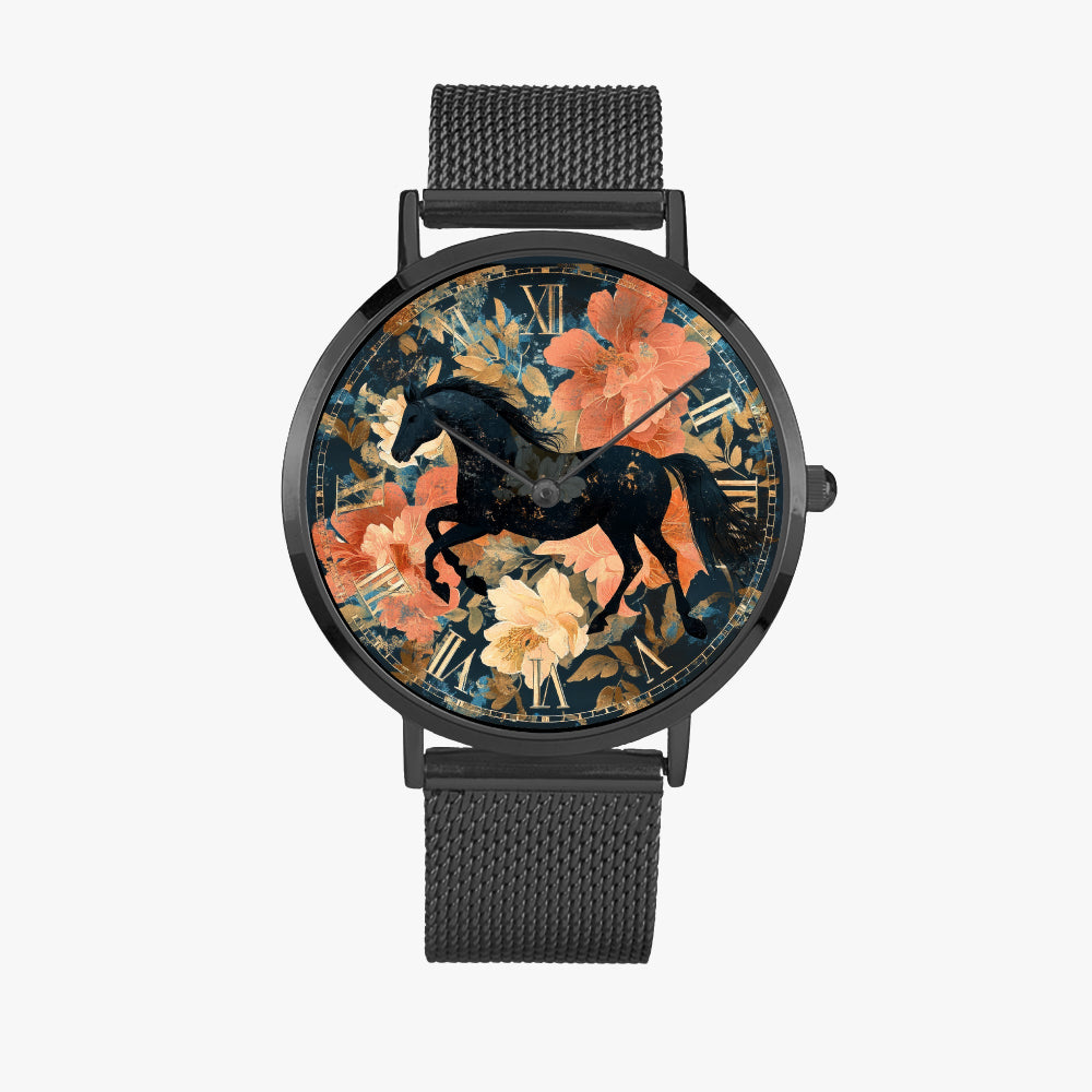 Premium black stainless steel watch with horse design for horse lovers