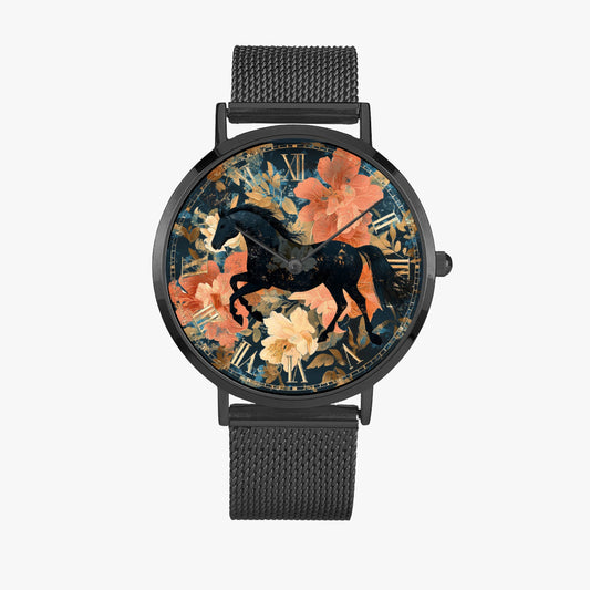 Premium black stainless steel watch with horse design for horse lovers