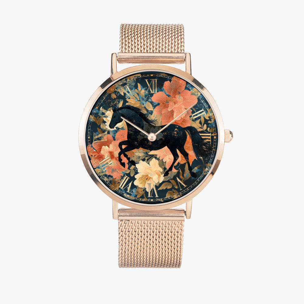 Premium rose gold stainless steel watch with horse design for horse lovers