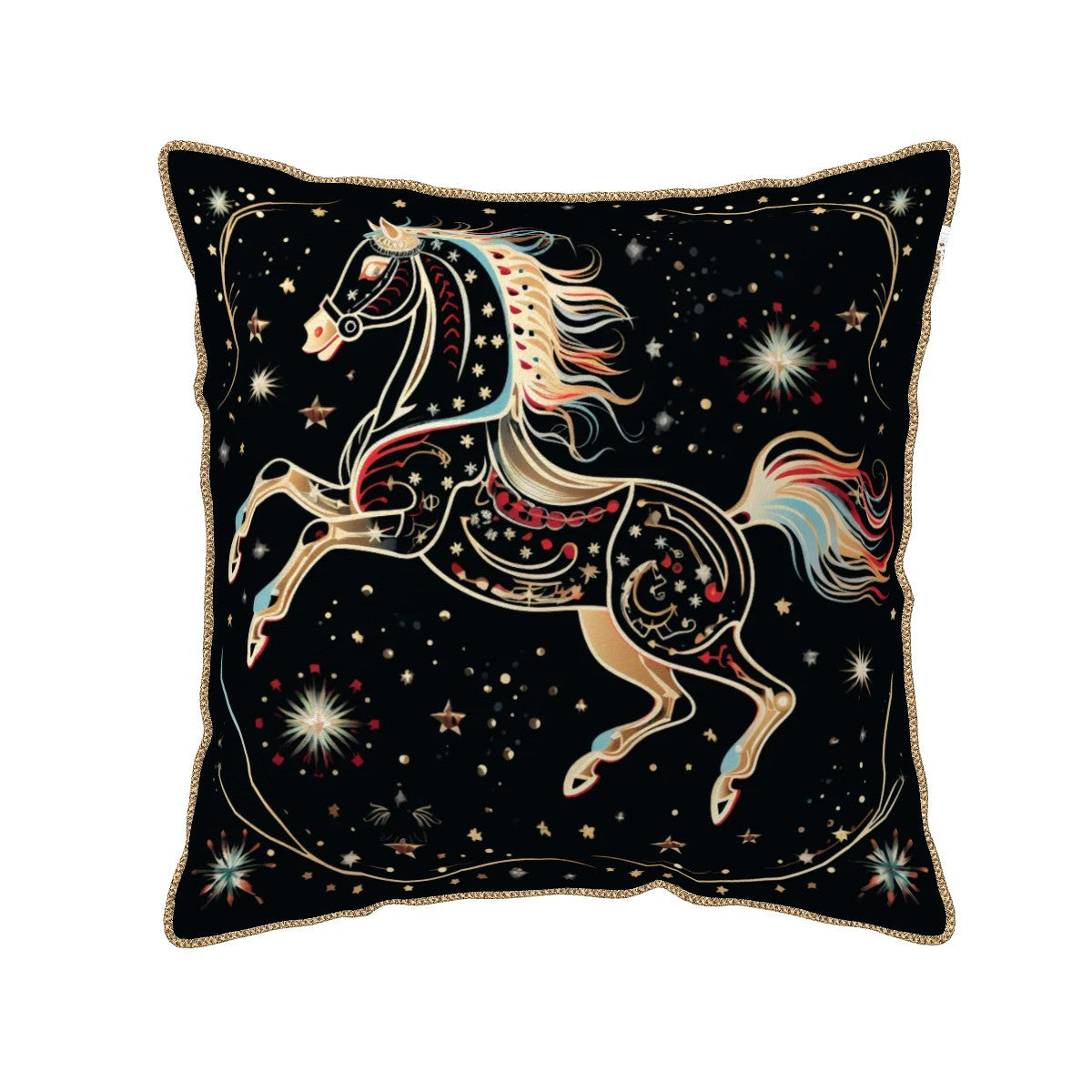 Decorative pillow with a horse design on a black background with stars