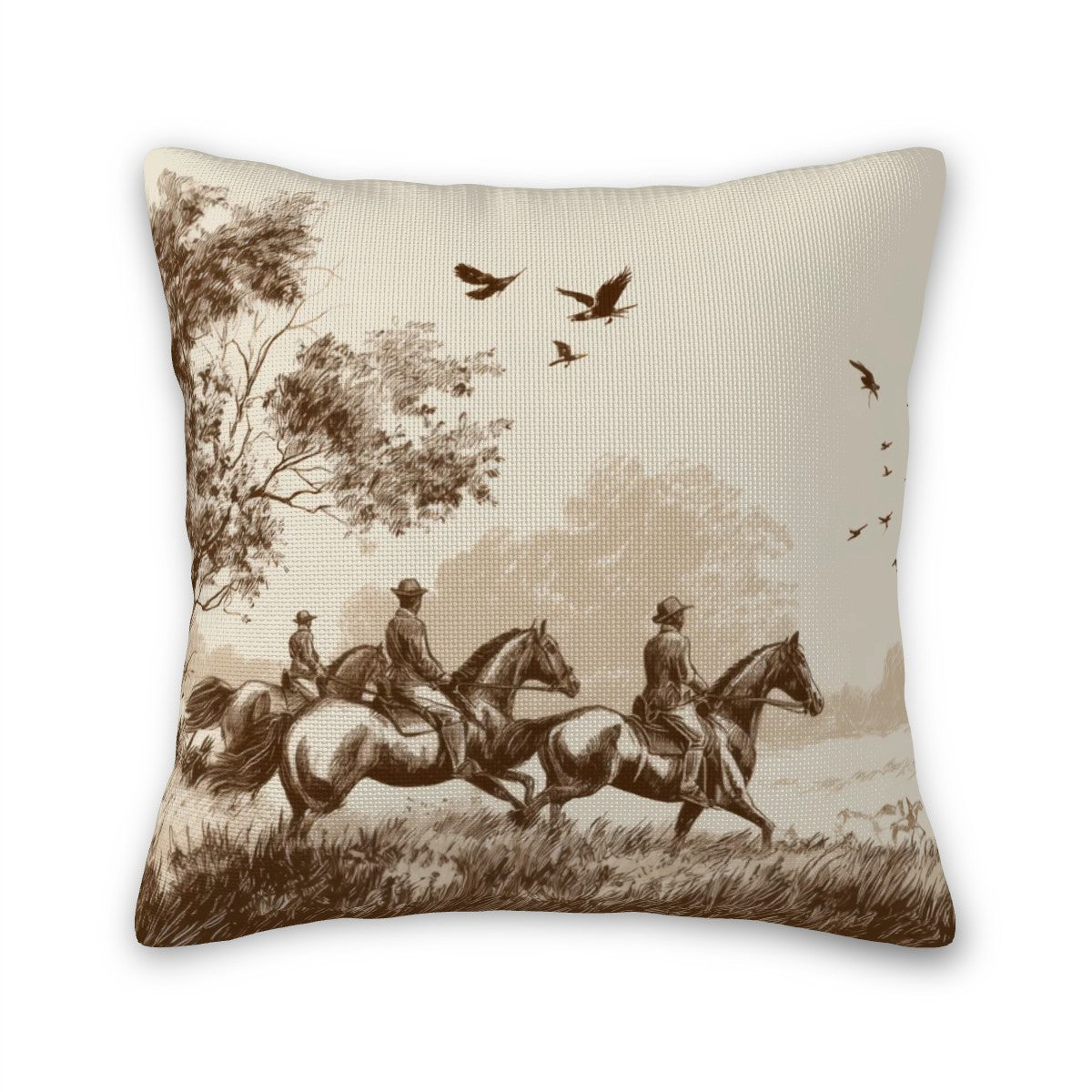 Decorative pillow with a vintage-style illustration of people on horseback and birds flying.
