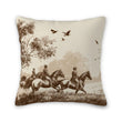 Decorative pillow with a vintage-style illustration of people on horseback and birds flying.