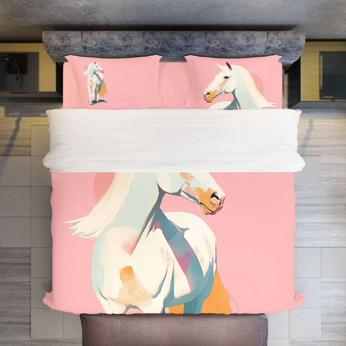 Made-to-order horse-themed duvet set with 1 duvet cover and 2 pillow shams. Soft, breathable polyester with fine stitching and hidden zipper. Available in multiple sizes—perfect for homes, hotels, themed rooms, or as a thoughtful gift.