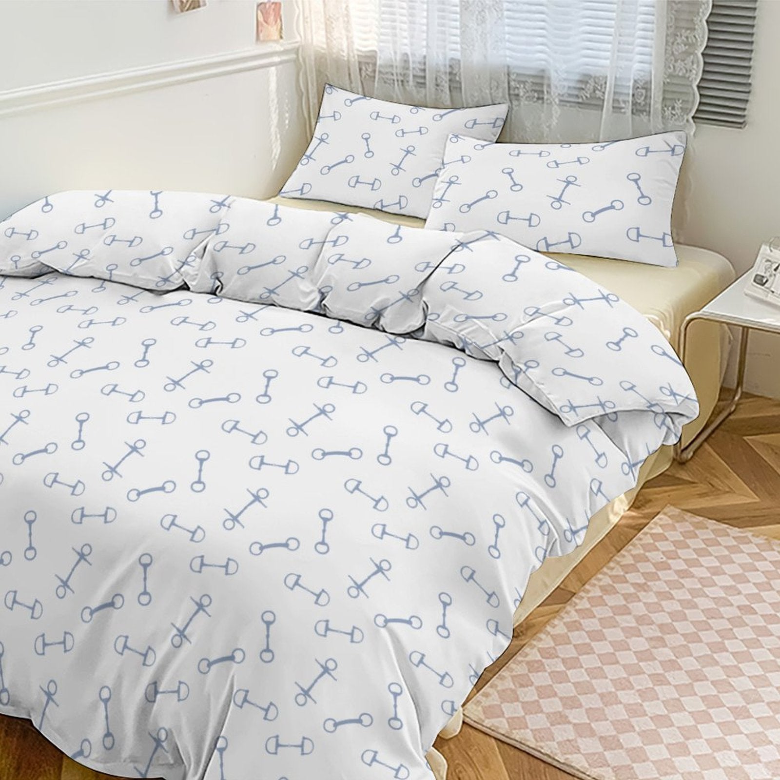 Bedding set with horse bit pattern in a bedroom setting