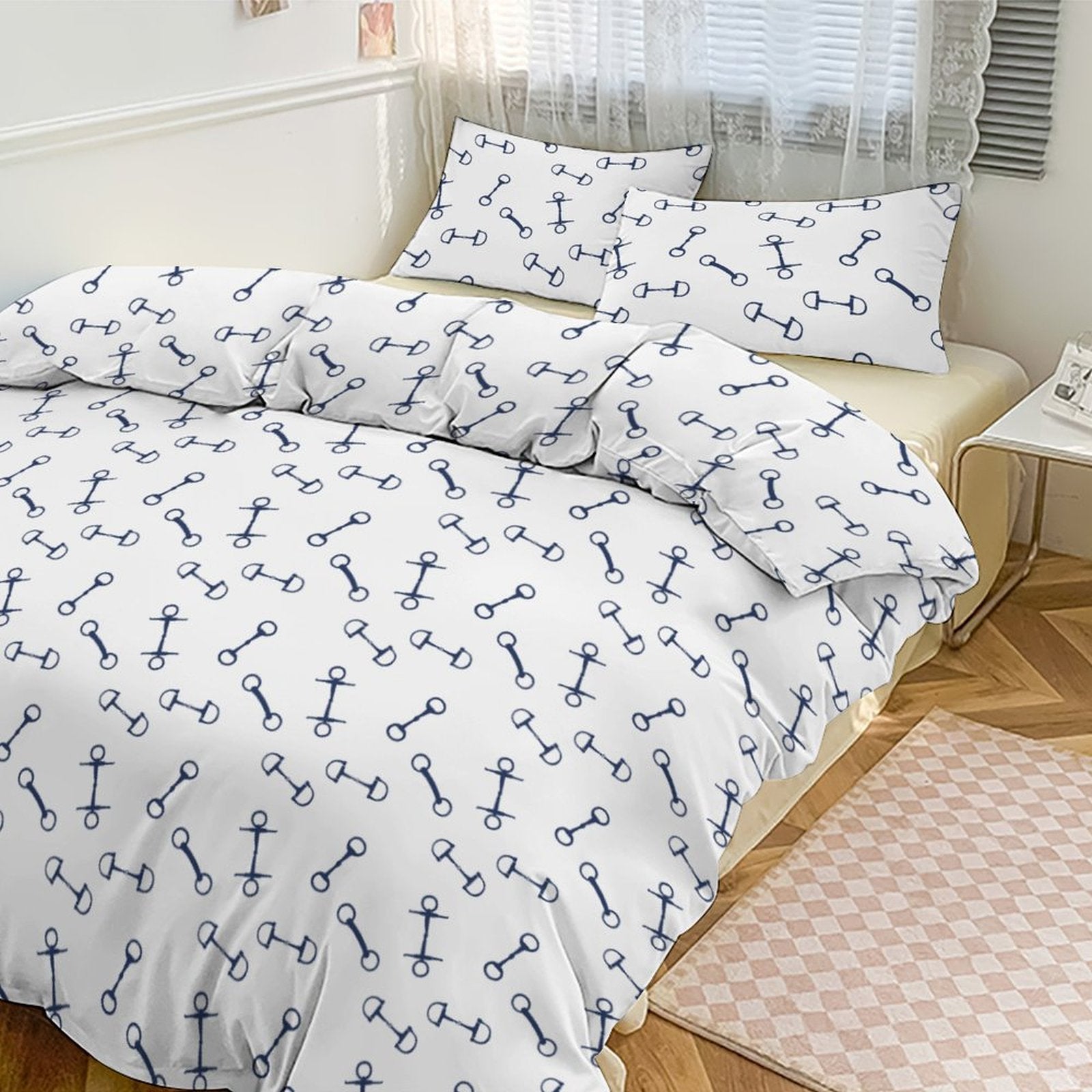 Bedding set with bone pattern in a bedroom setting