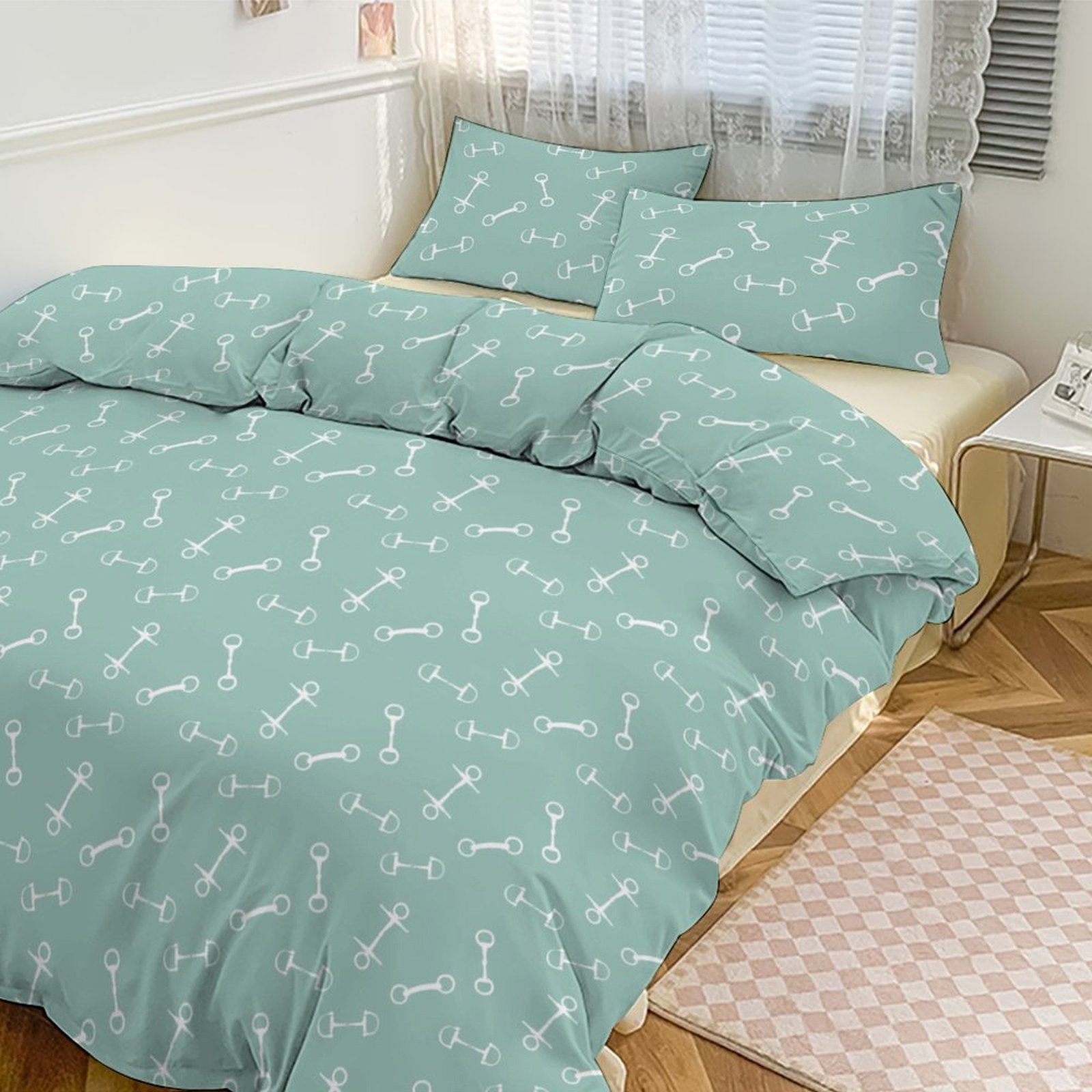 Teal bedding set with bone pattern on a bed in a bedroom.