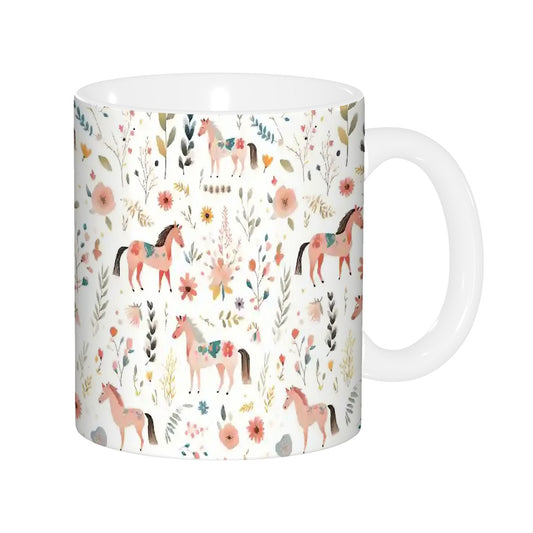 White mug with horse and floral pattern on a white background