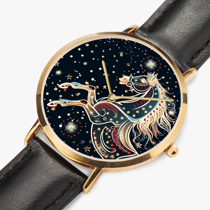 Stylish timepiece showcasing horse-themed dial graphic with leather strap