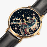 Stylish timepiece showcasing horse-themed dial graphic with leather strap