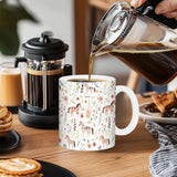 Person pouring coffee from a French press into a mug with horse design on a wooden table.