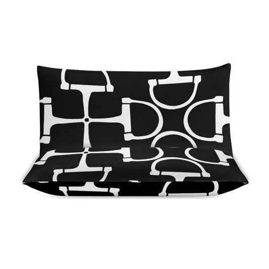 Black pillowcase with white geometric pattern on a white background