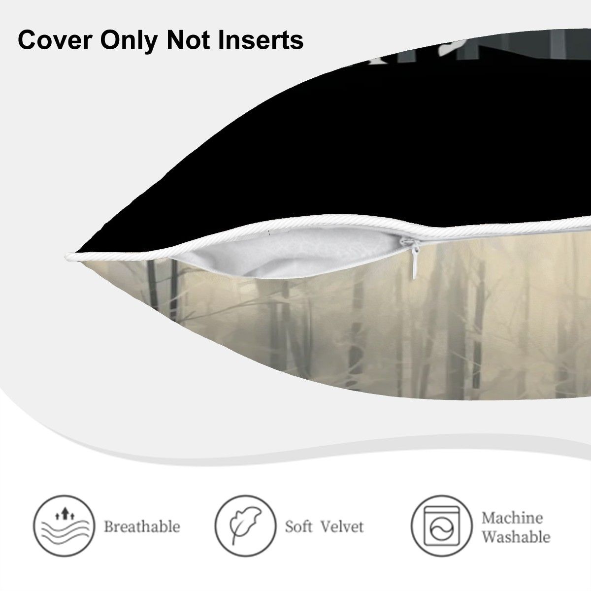 Pillow with black cover and white insert, showing breathable, soft velvet, and machine washable features.