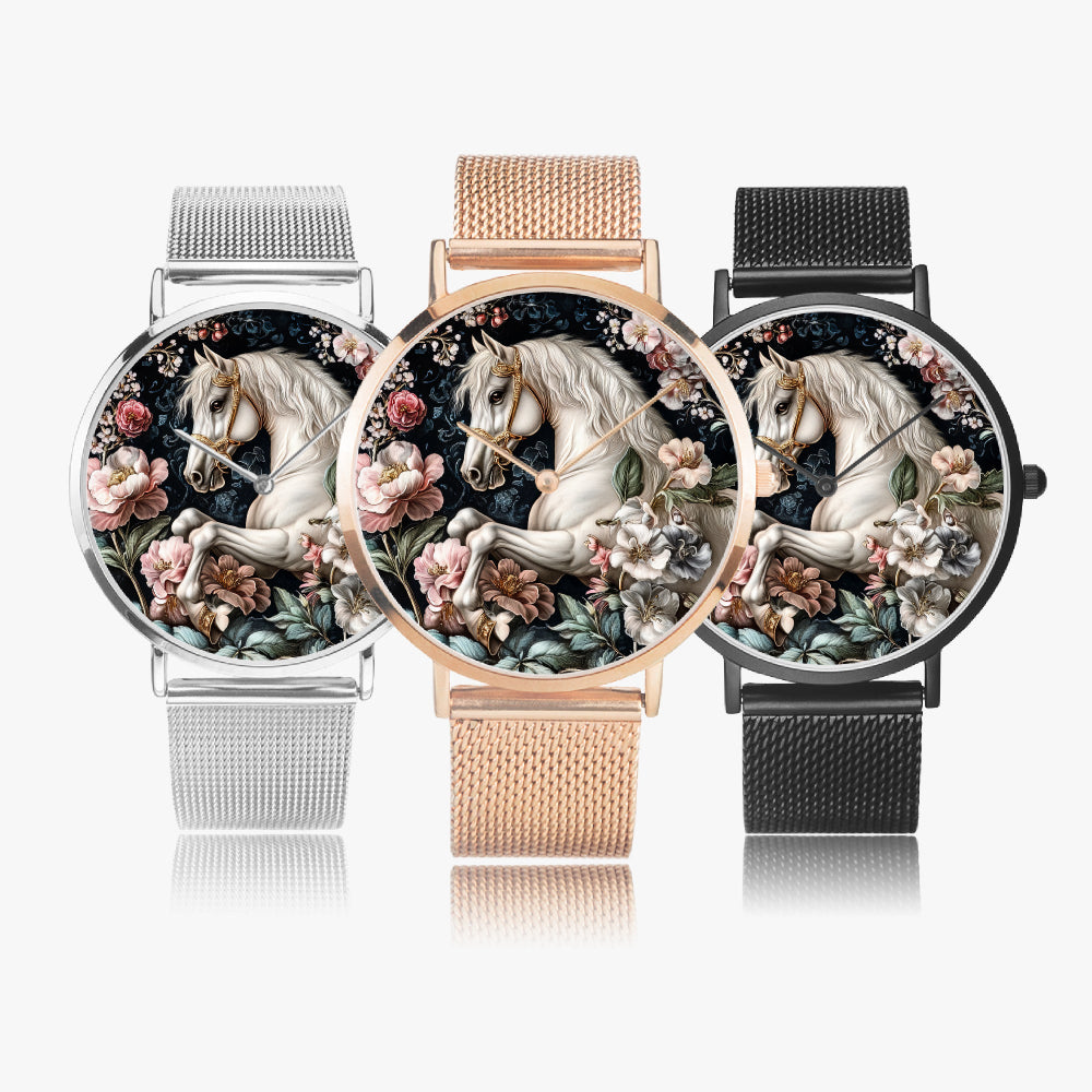 Premium stainless steel watch with horse graphic design for horse lovers