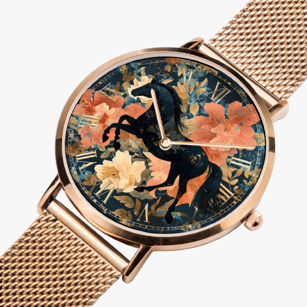 Premium rose gold stainless steel watch with horse design for horse lovers