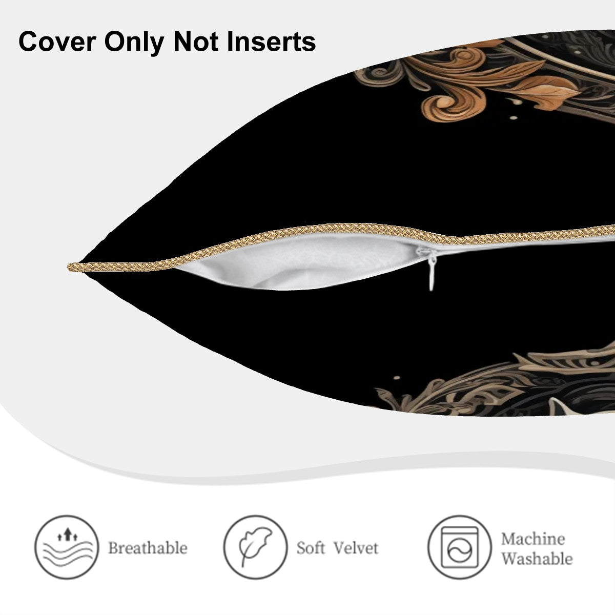 Decorative pillow cover with gold patterns on a black background, showing only the cover without an insert.