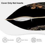 Decorative pillow cover with gold patterns on a black background, showing only the cover without an insert.