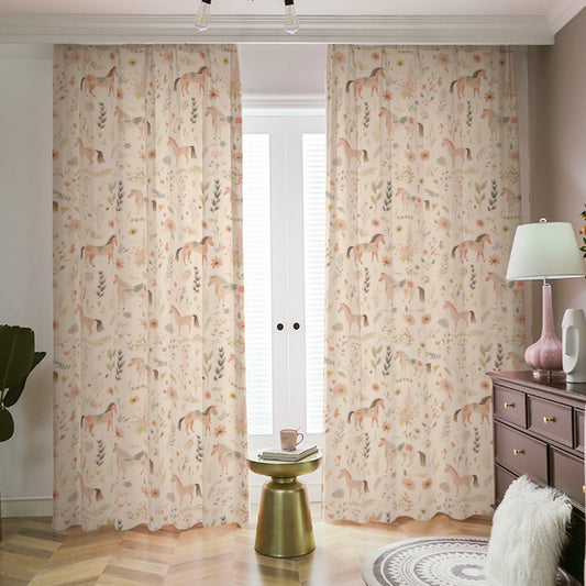 Floral Horses Blackout Curtains (Beige)