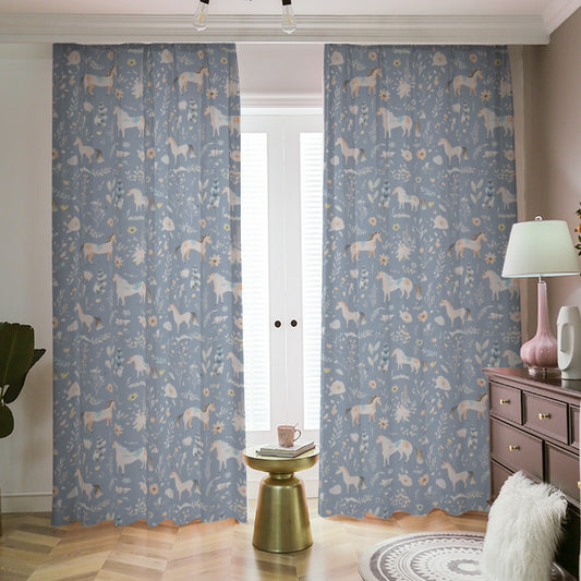 Floral Horses Blackout Curtains (Blue)