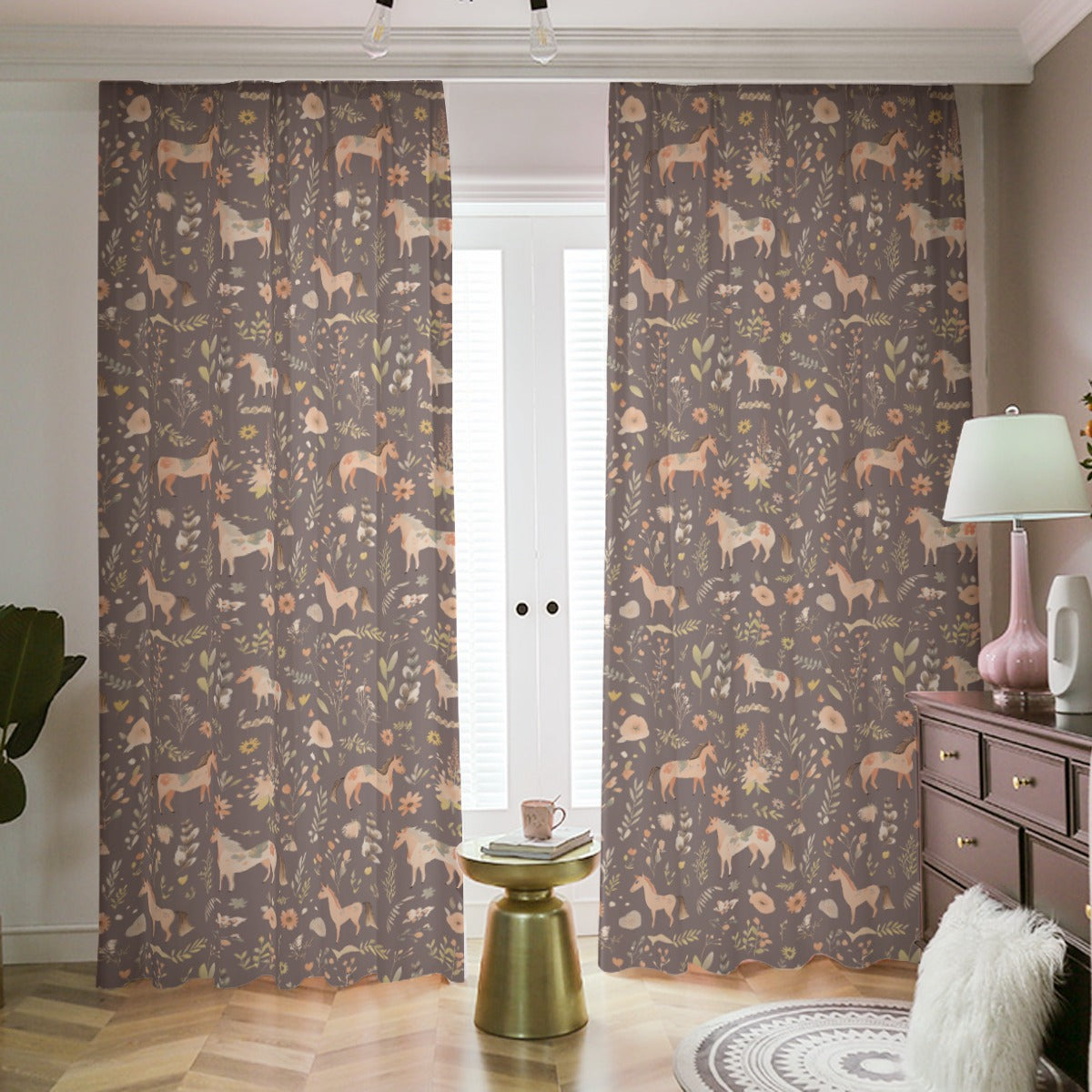 Floral Horses Blackout Curtains (Brown)