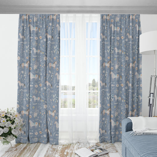 Floral Horses Blackout Curtains (Blue)