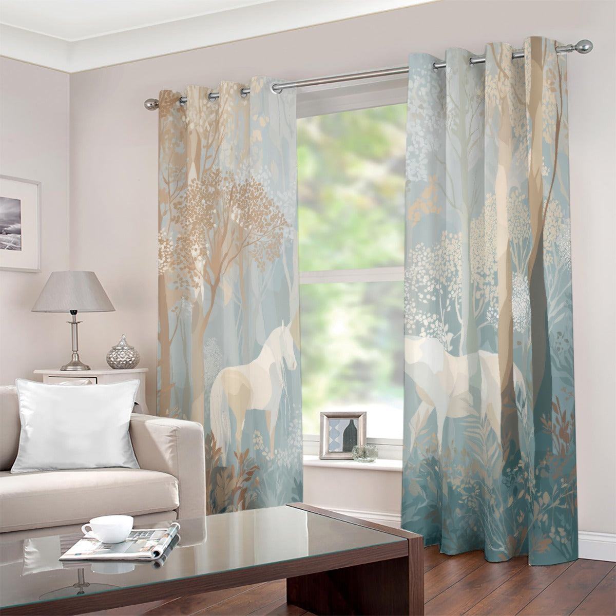 Decorative curtains with horse and nature design in a living room setting.