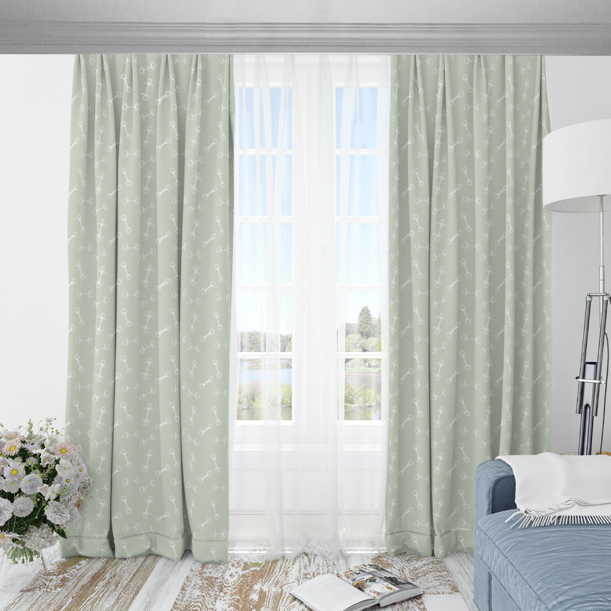 Light green curtains with horse bit design pattern. Equestrian Design. Horse Lifestyle
