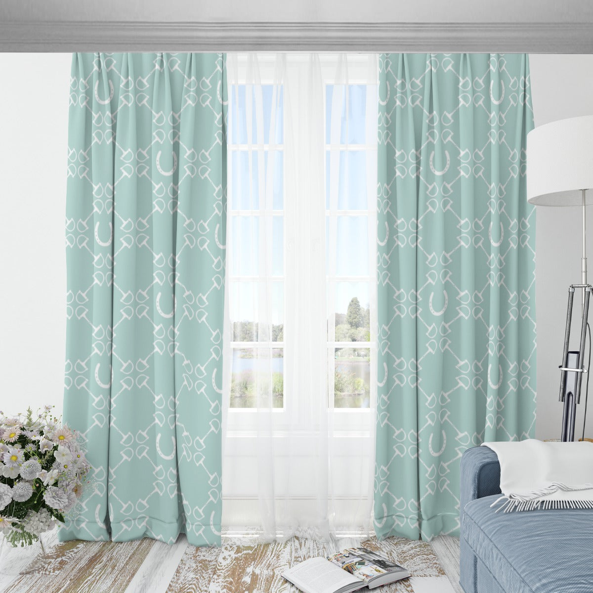Horse Theme Window Curtains - Mint