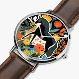 Stylish timepiece showcasing horse-themed dial graphic with leather strap