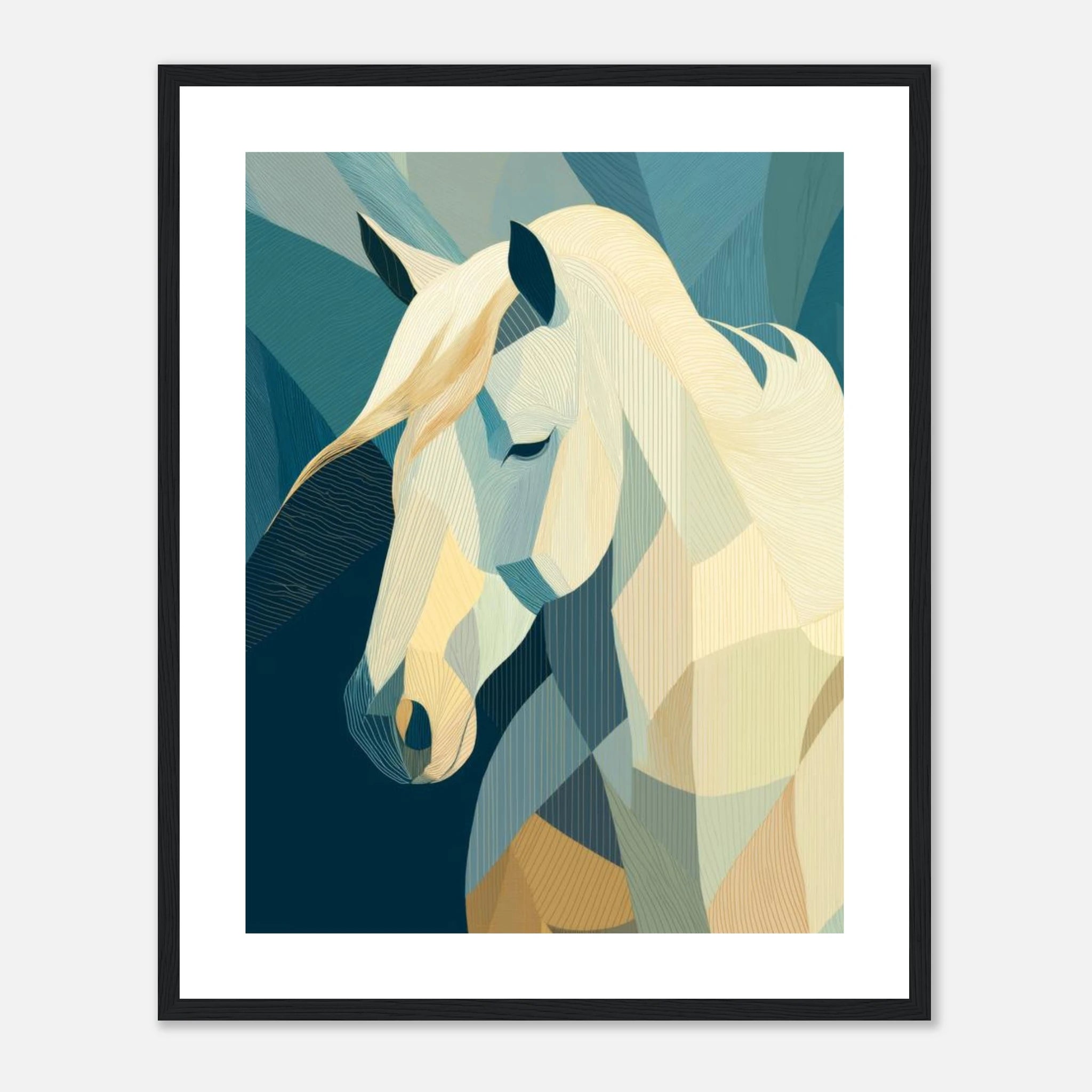 Abstract horse wall art with flowing blue tones, soft neutral layers, and elegant modern equestrian design.