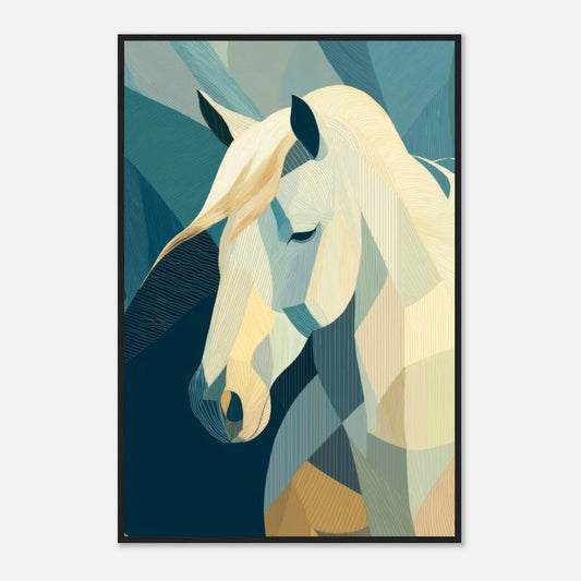 Abstract horse wall art with flowing blue tones, soft neutral layers, and elegant modern equestrian design.