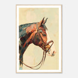 A stylized horse head in profile with a bridle, painted in warm and cool tones against a textured abstract background.